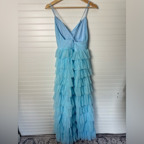 Lulus Radiant Event Light Blue Mesh Tiered Pleated Backless Maxi Dress - Picture 8 of 10